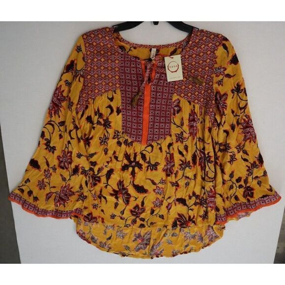 Raga R3872 Women's Sz 2 Mustard V-Neck Crinkle Woven Boho Babydoll Top - Picture 9 of 9